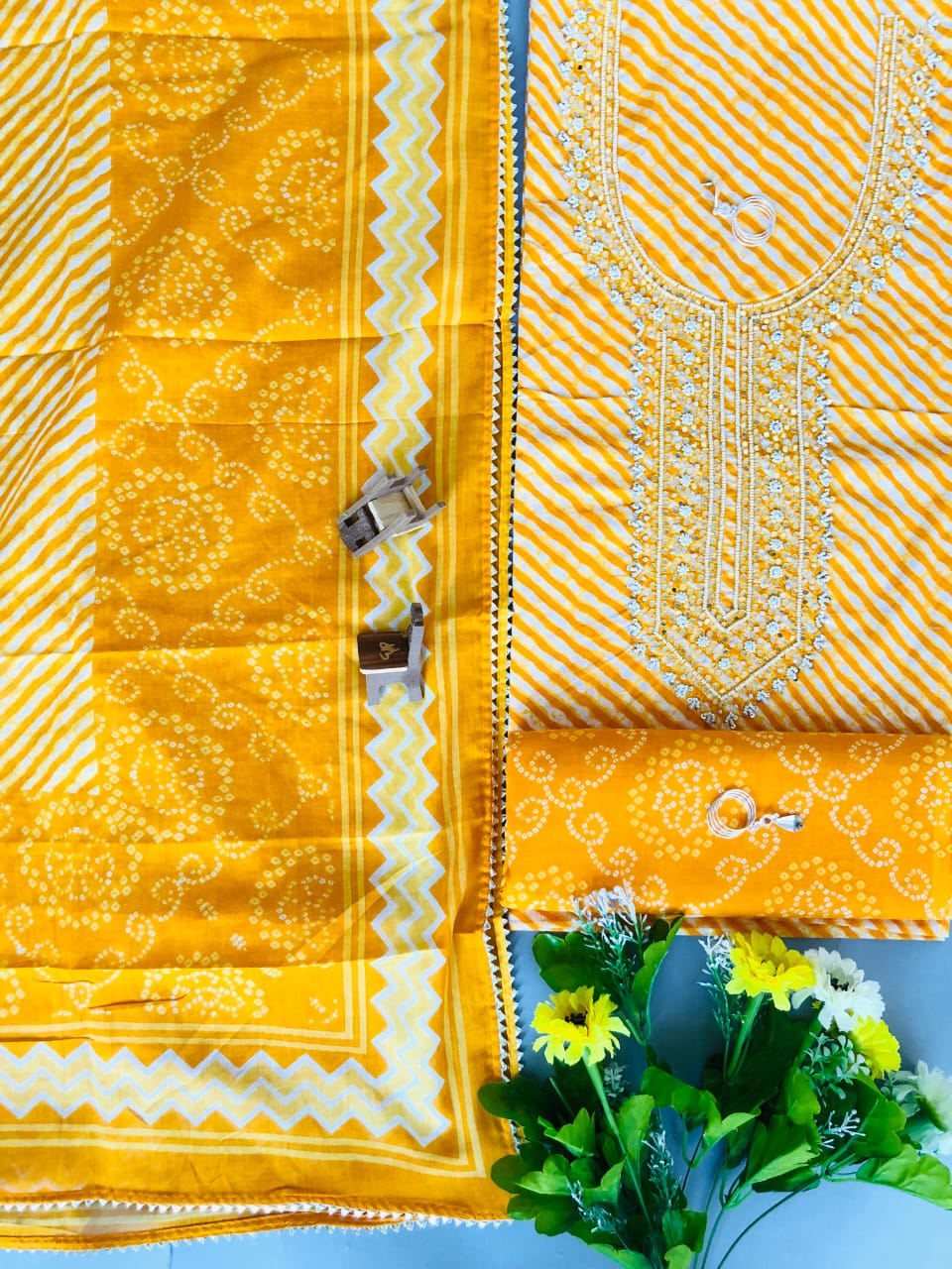 Yellow lehariya printed mulmul cotton printed top