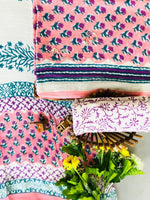 Pink with blue coloured floral printed linen cotton printed dress material