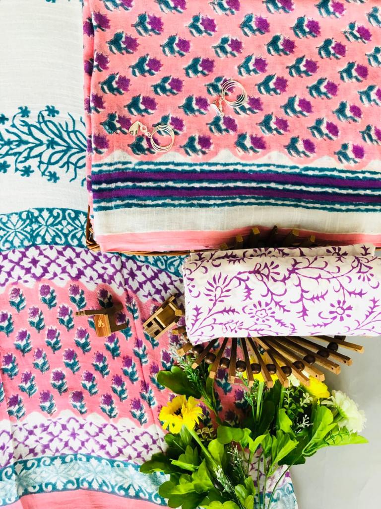 Pink with blue coloured floral printed linen cotton printed dress material