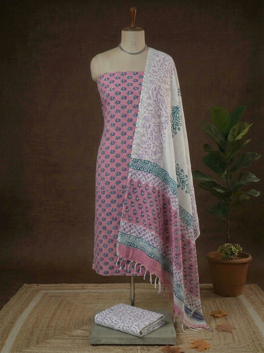 Pink with blue coloured floral printed linen cotton printed dress material