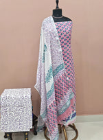 Pink with blue coloured floral printed linen cotton printed dress material
