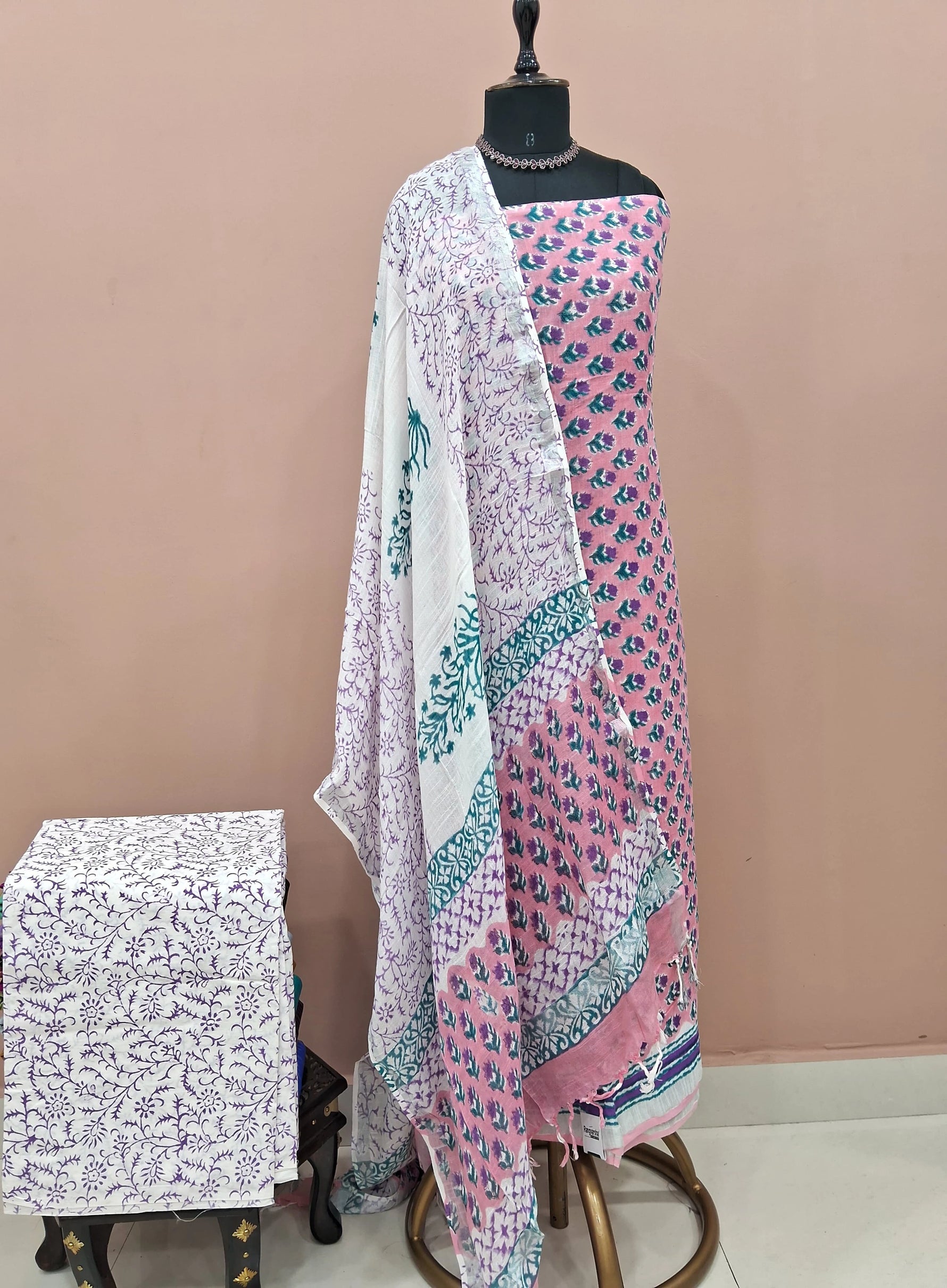 Pink with blue coloured floral printed linen cotton printed dress material