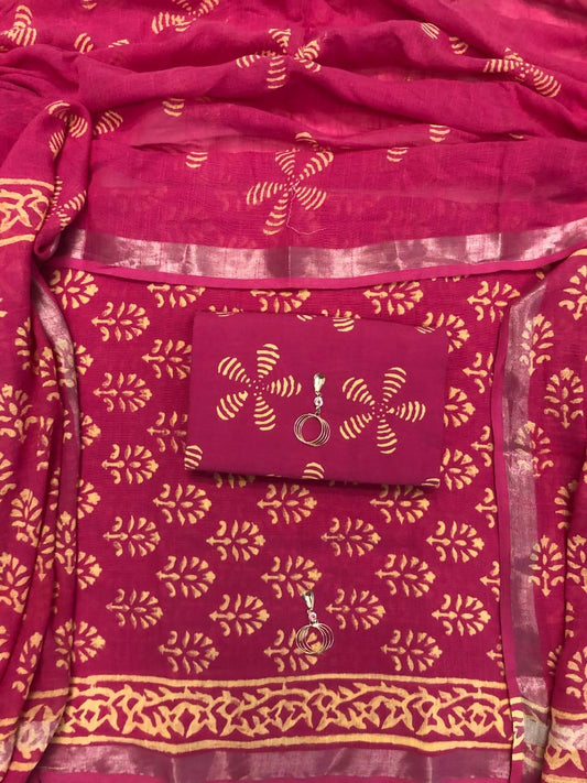 Magenta Pink with Cream floral printed linen cotton top 