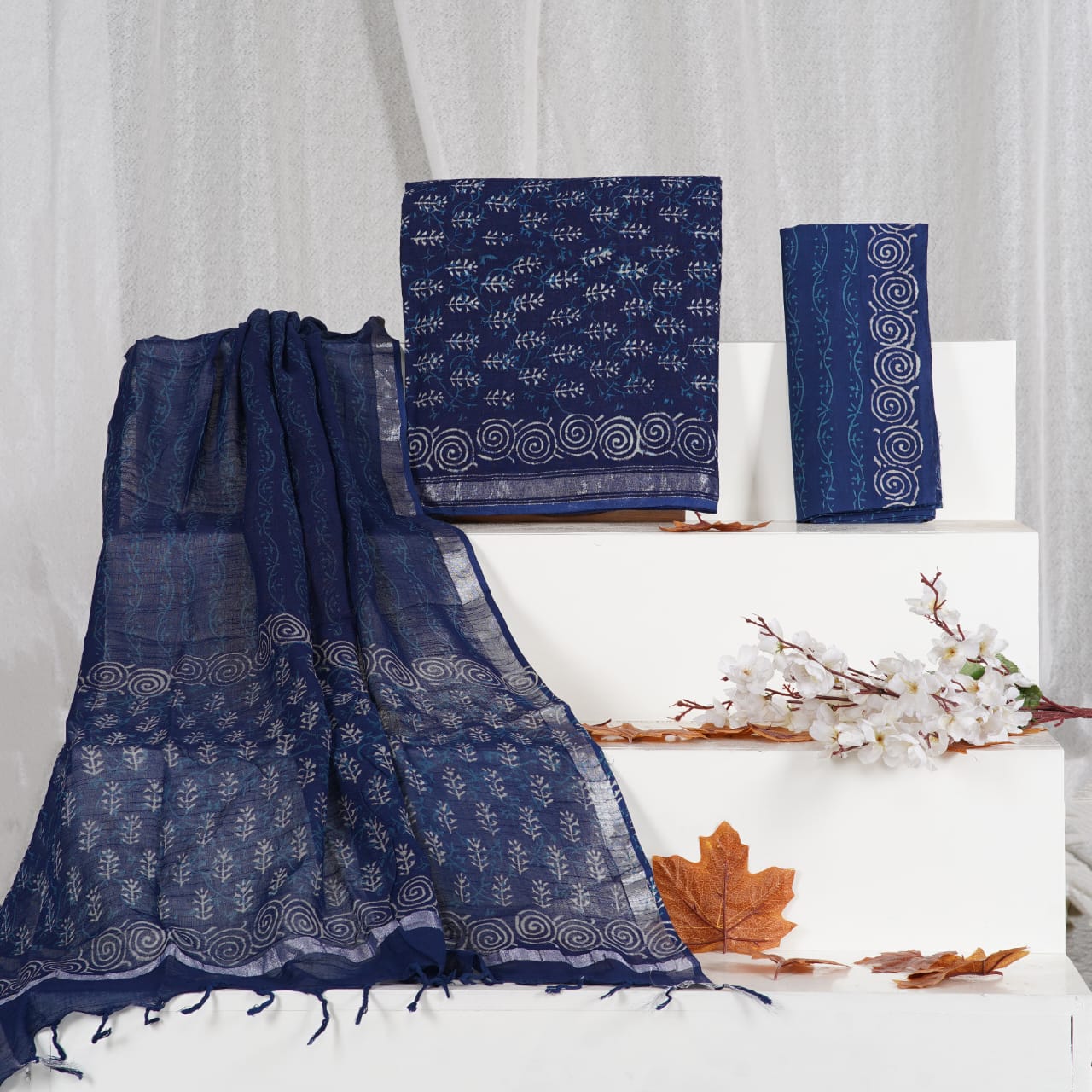 Indigo Blue with white leaf printed linen cotton top