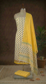White,Mustard Yellow and Green floral printed linen cotton dress material