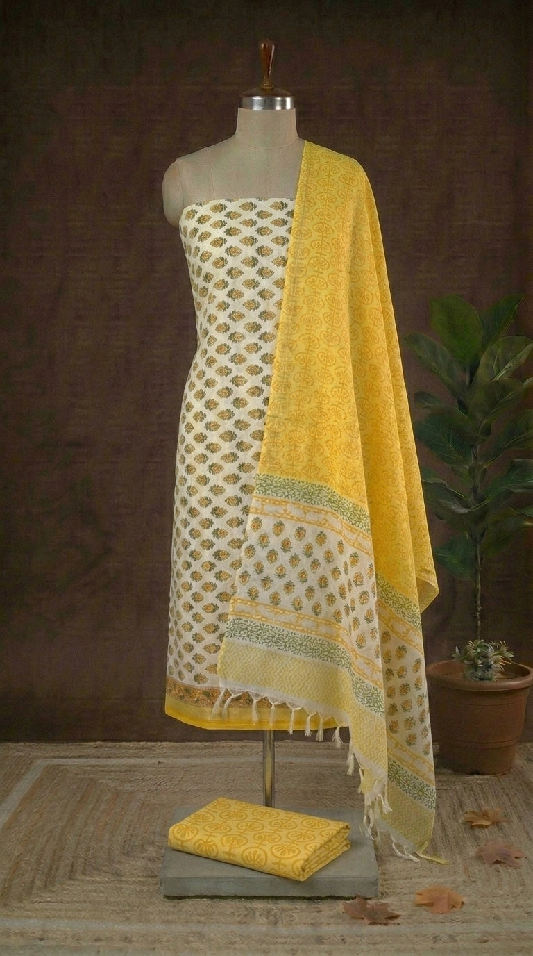 White,Mustard Yellow and Green floral printed linen cotton dress material
