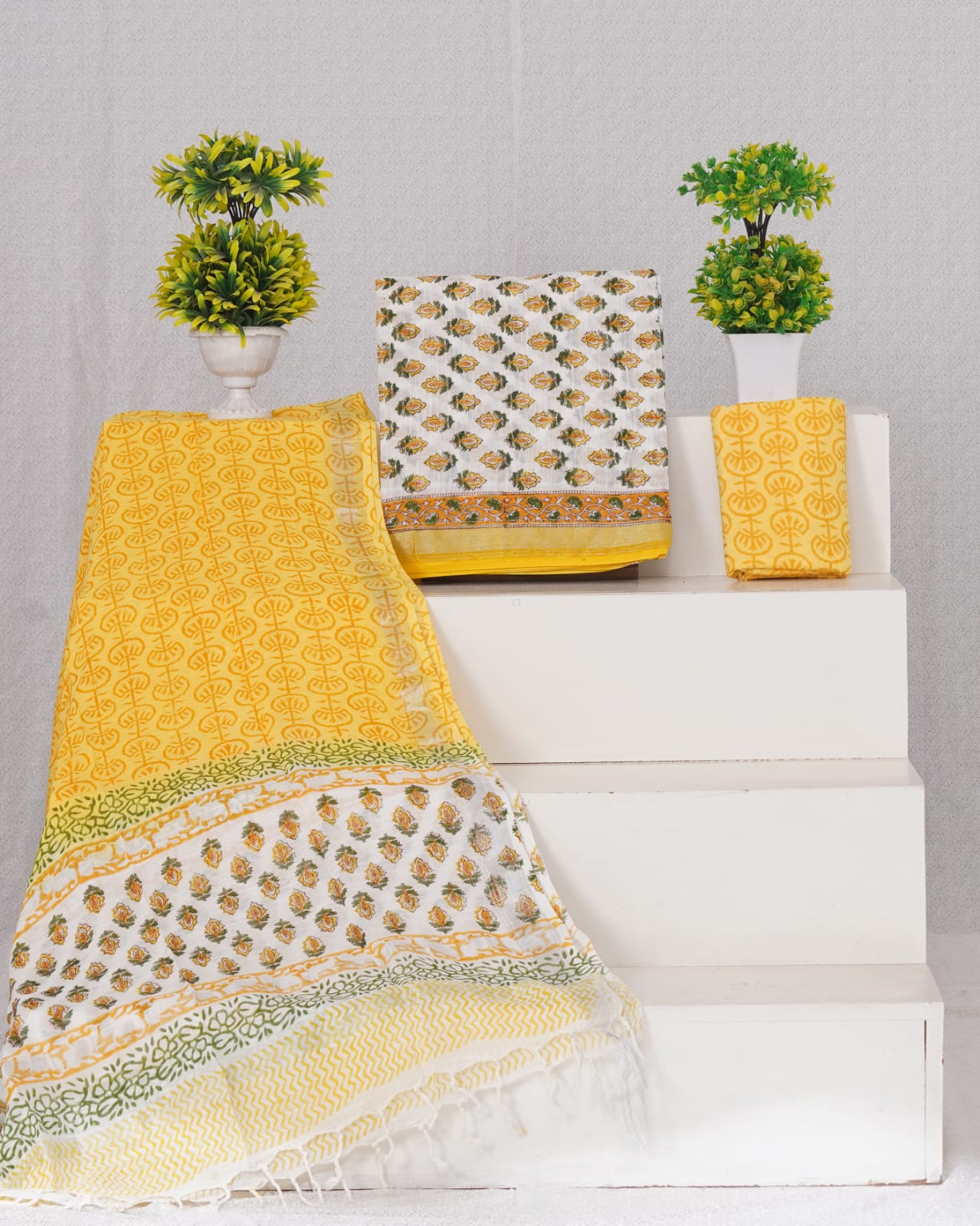 White,Mustard Yellow and Green floral printed linen cotton dress material
