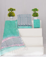 White, Sea blue and Pink floral printed linen cotton dress material