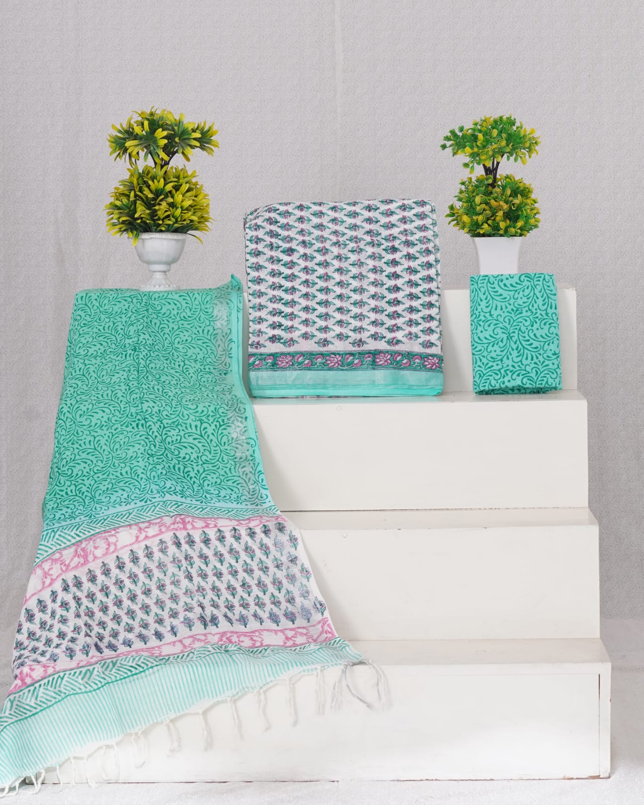 White, Sea blue and Pink floral printed linen cotton dress material