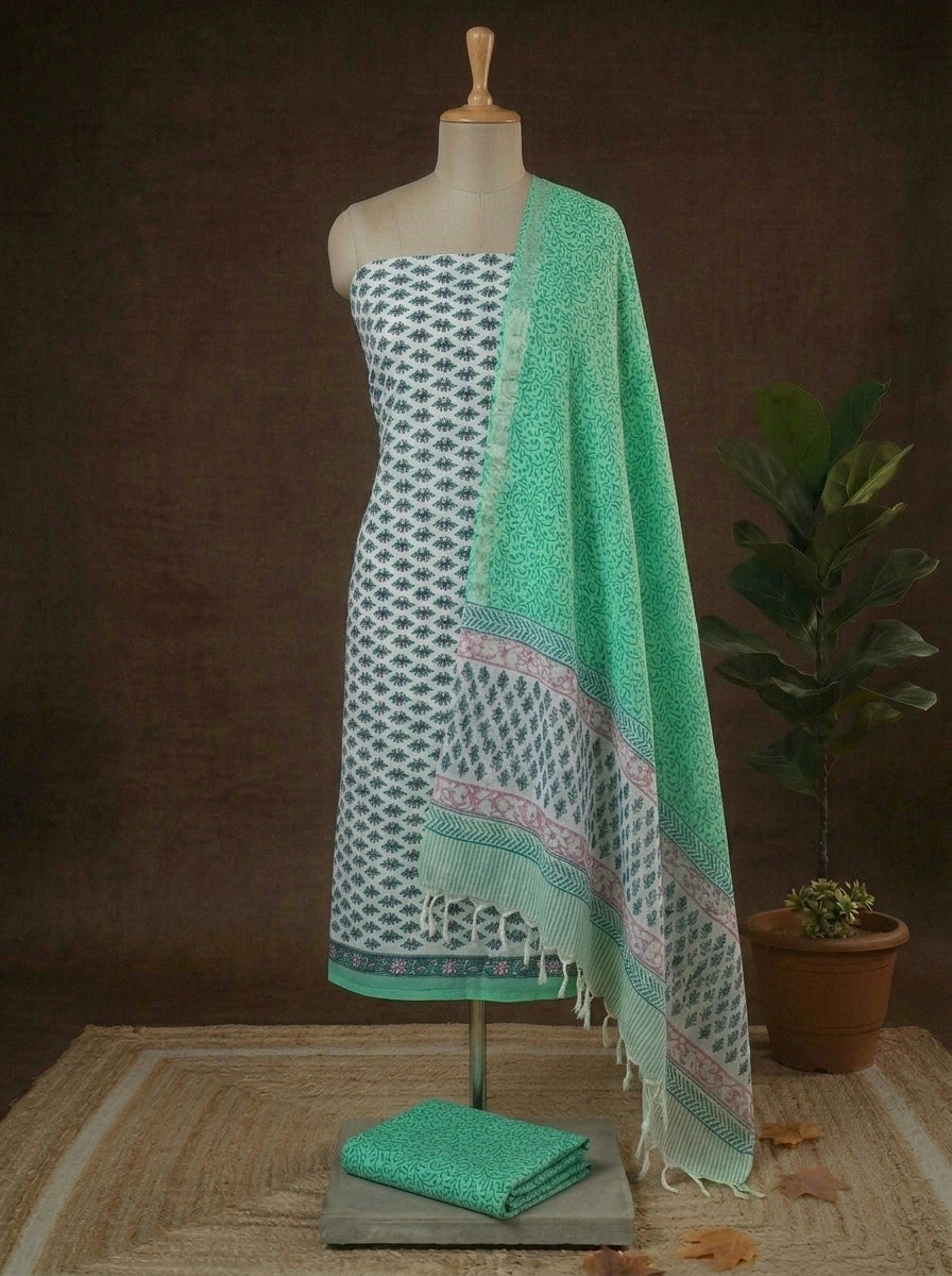 White, Sea blue and Pink floral printed linen cotton dress material