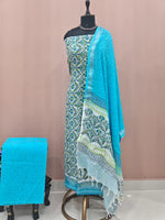 Aqua Blue floral printed linen cotton dress material