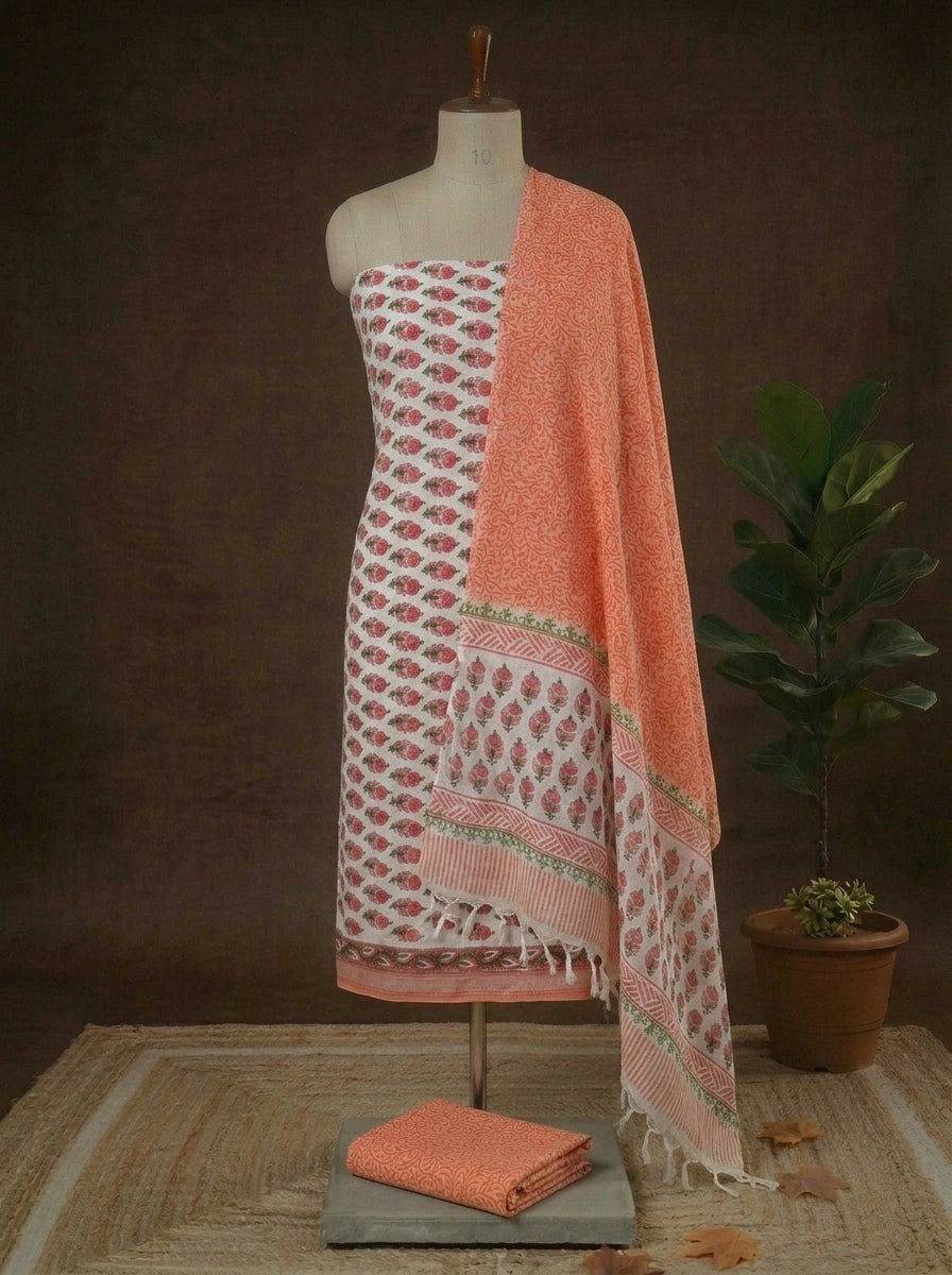 Orange floral printed linen cotton dress material