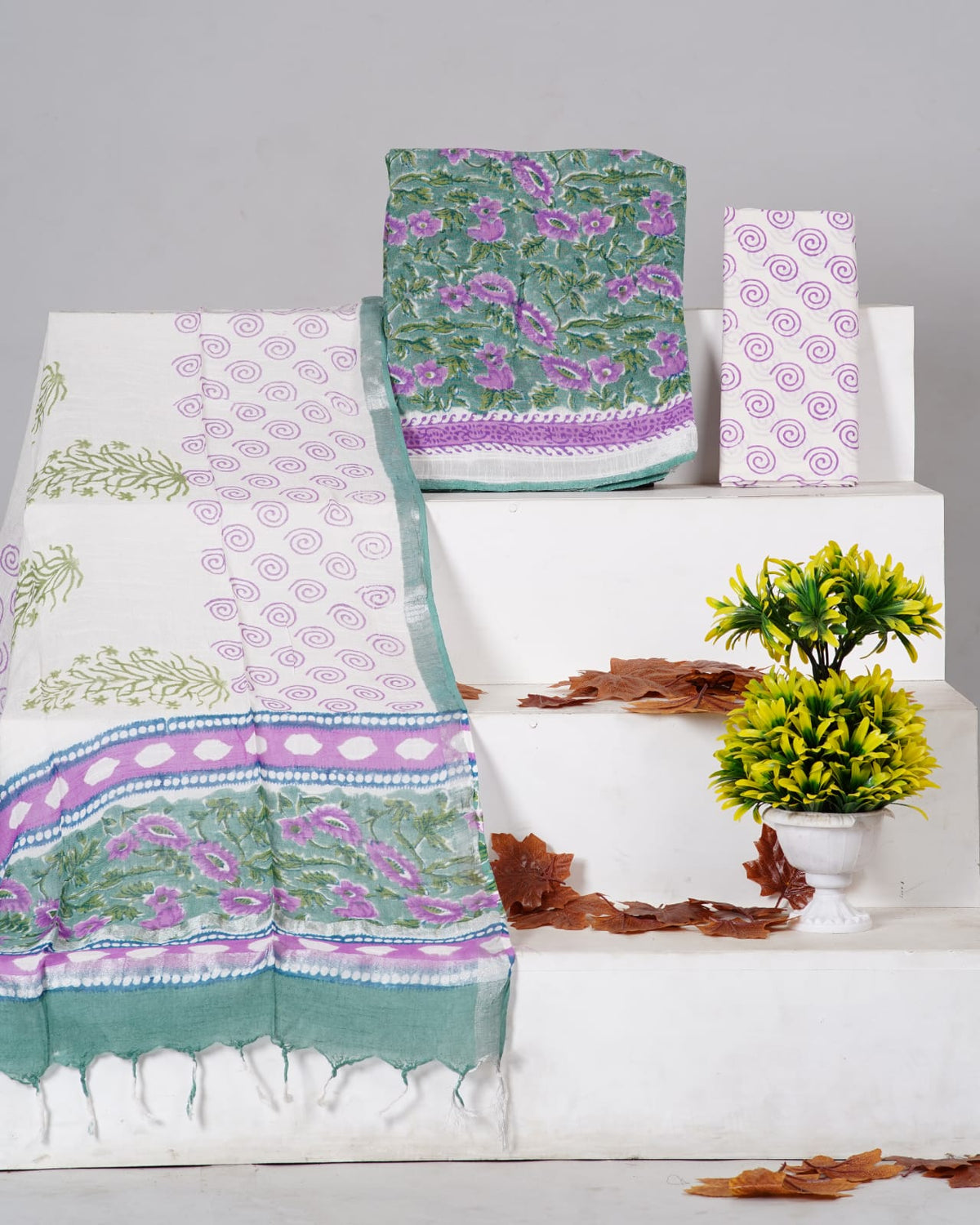 Sea Spray Green and Lavender floral printed linen cotton dress material
