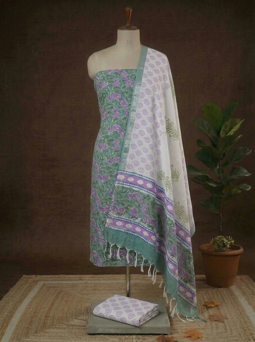 Sea Spray Green and Lavender floral printed linen cotton dress material
