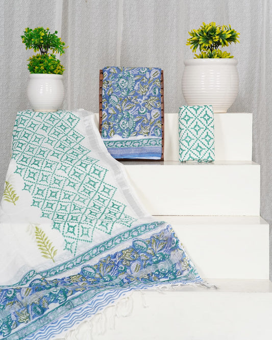 Blue ,White and olive green floral printed cotton