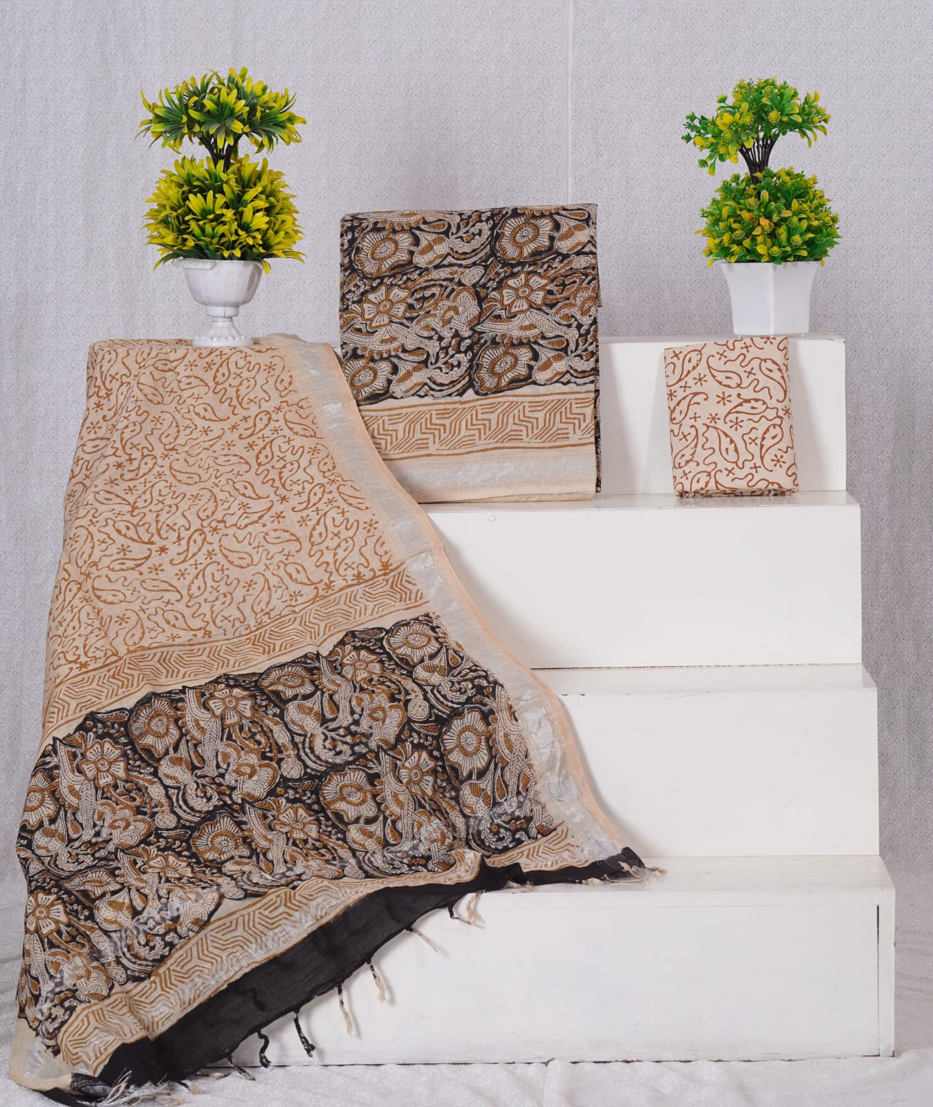 Black and brown flower printed linen Cotton dress material