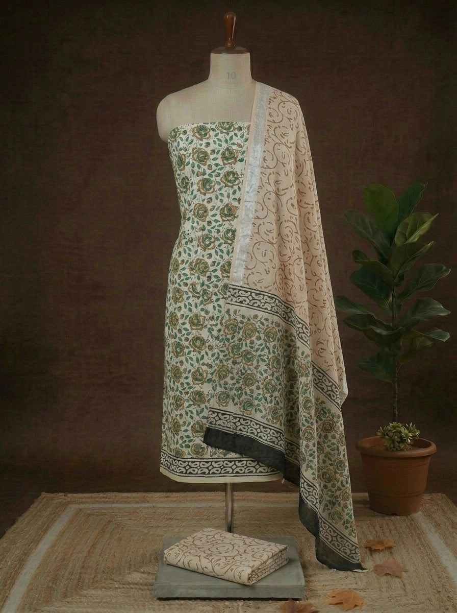 Beige linen Cotton with orange dress material