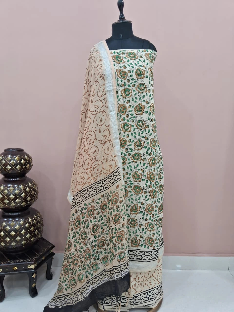 Beige linen Cotton with orange dress material