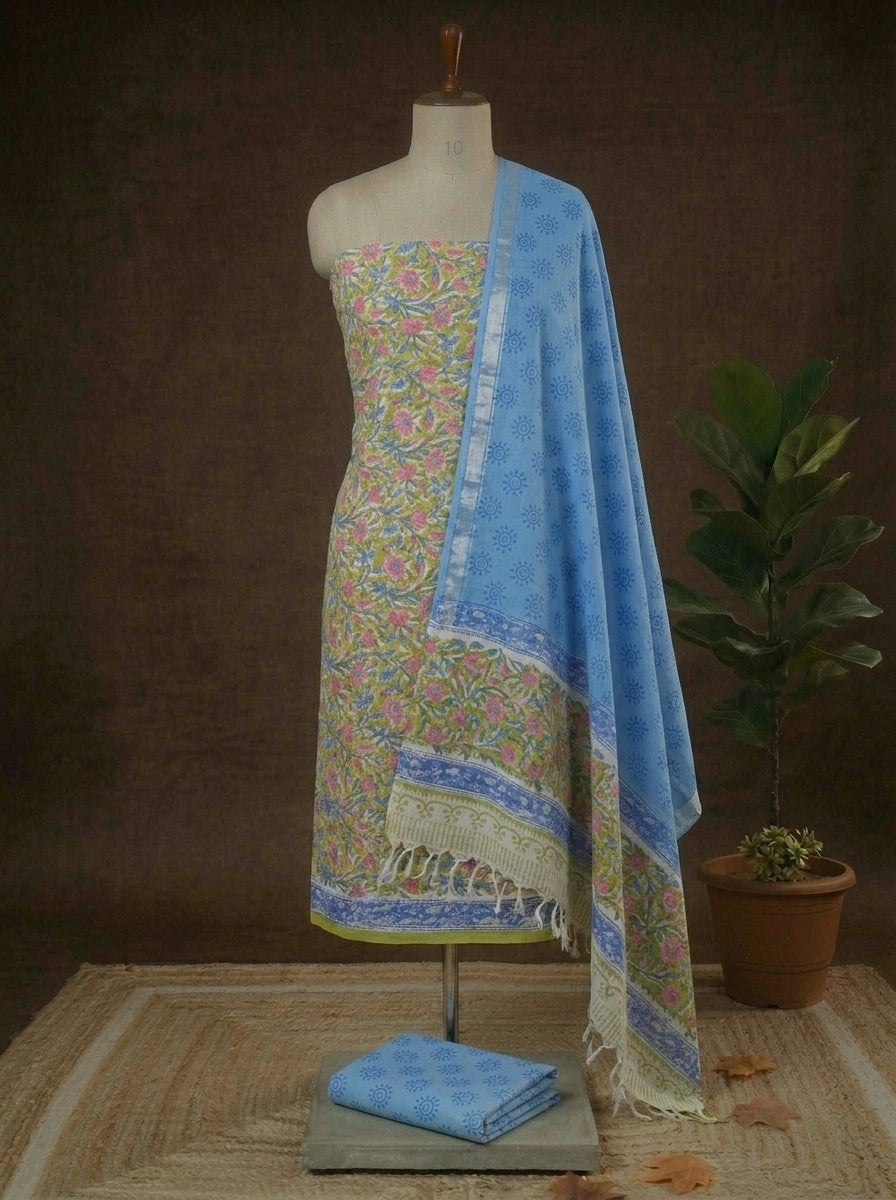 Bright green linen Cotton with peach dress material