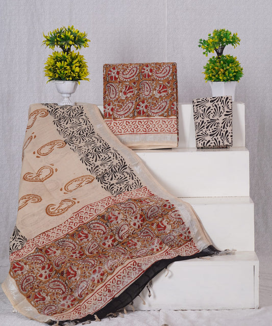 Brown linen cotton with red dress material