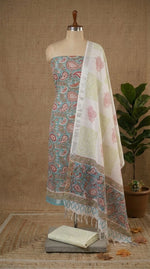 Teal Blue Linen Cotton Dress Material with White & Red Paisley Print