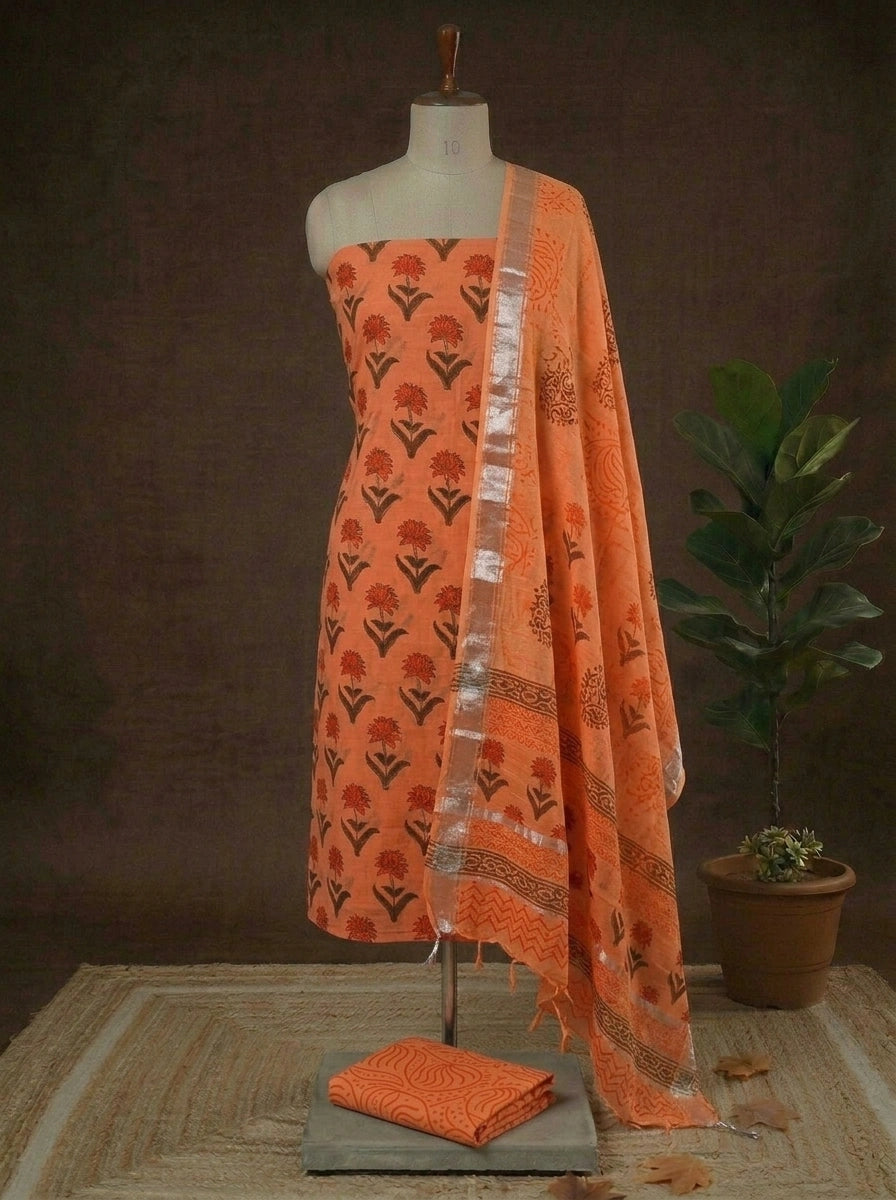 Orange linen cotton dress material