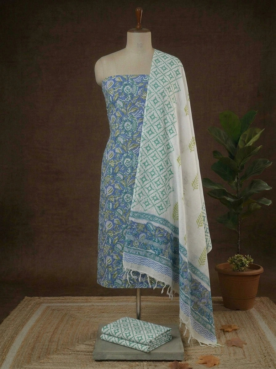 Slate blue linen cotton dress material