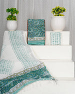 Teal Blue Linen Cotton Dress Material with Multicolour Floral Print