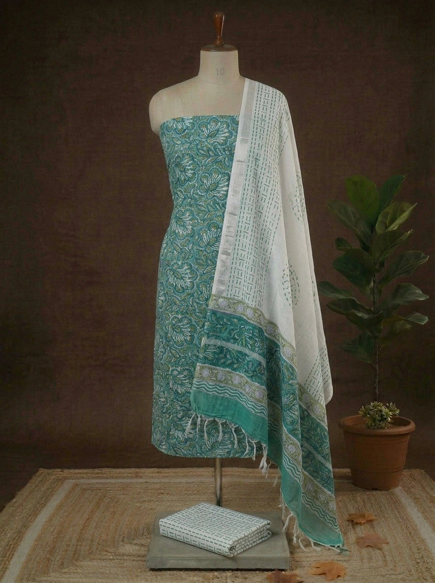 Teal Blue Linen Cotton Dress Material with Multicolour Floral Print