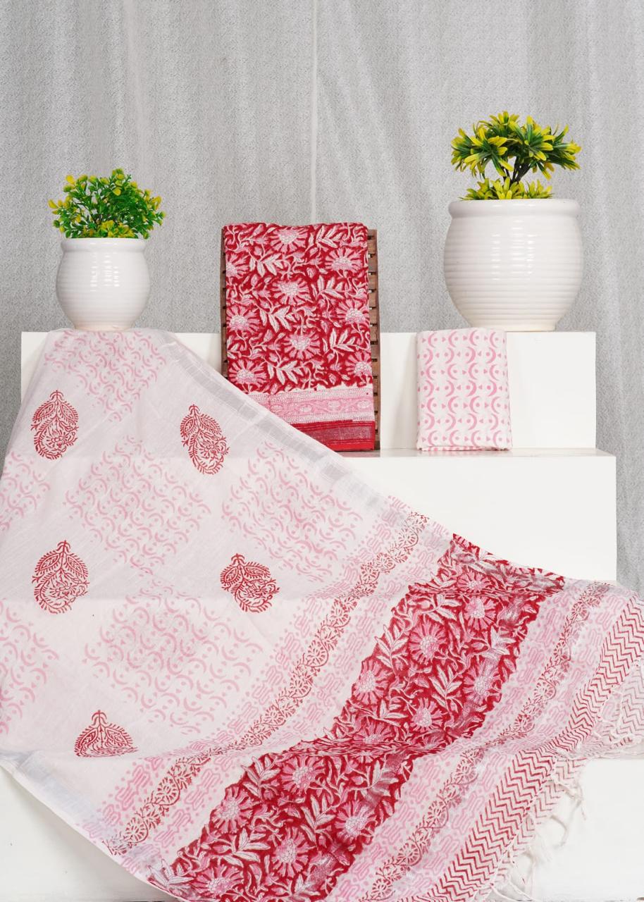 Red Linen Cotton Dress Material – White Floral Printed Fabric