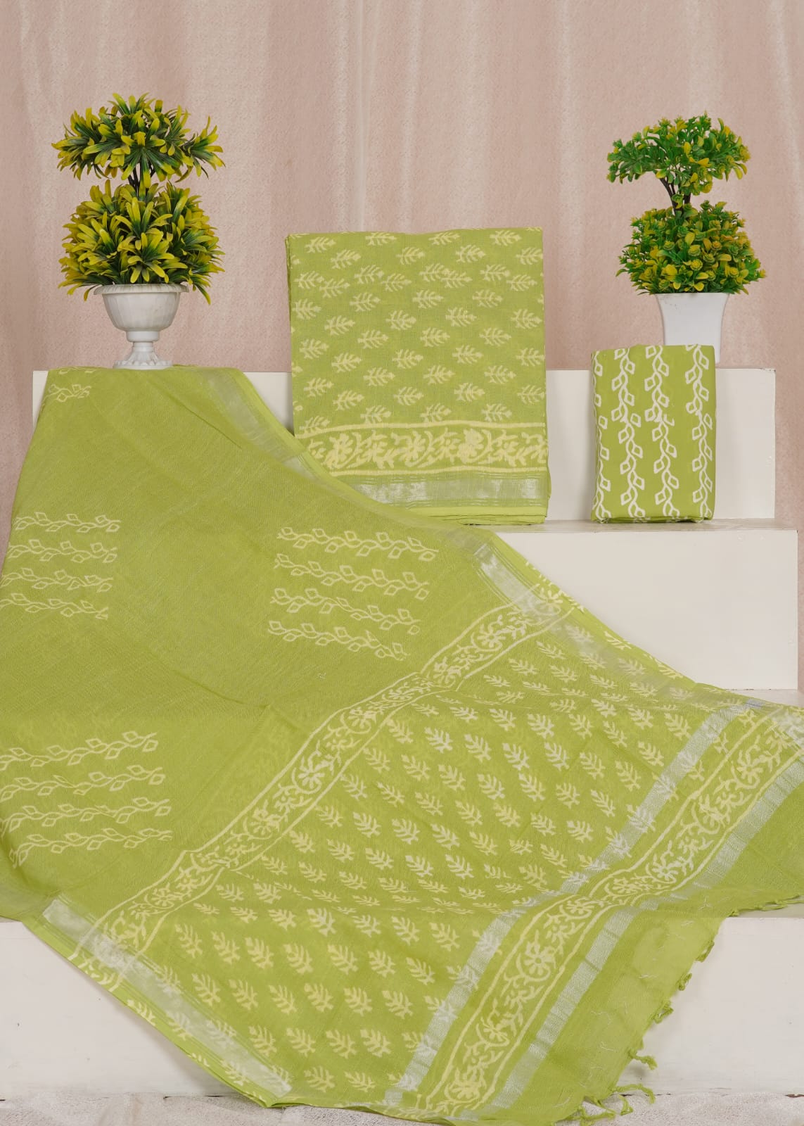 Leaf Green Linen Cotton dress material