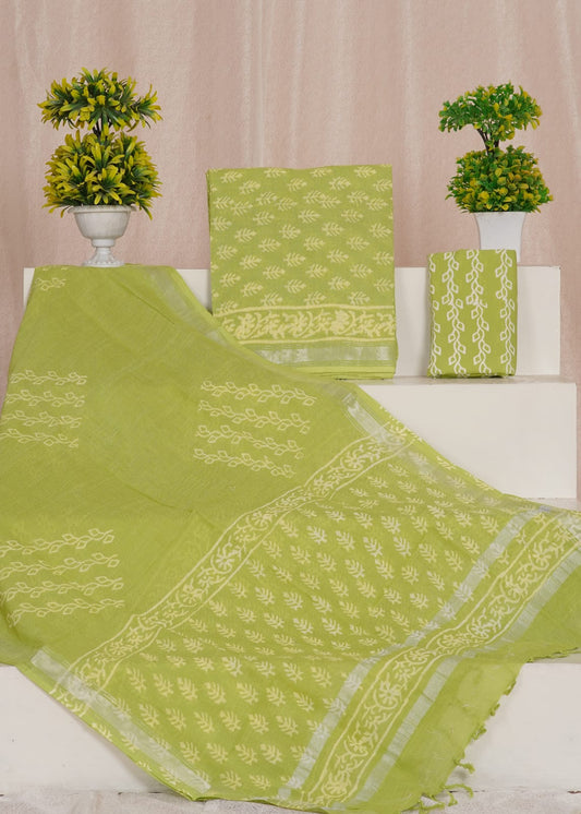 Leaf Green Linen Cotton dress material