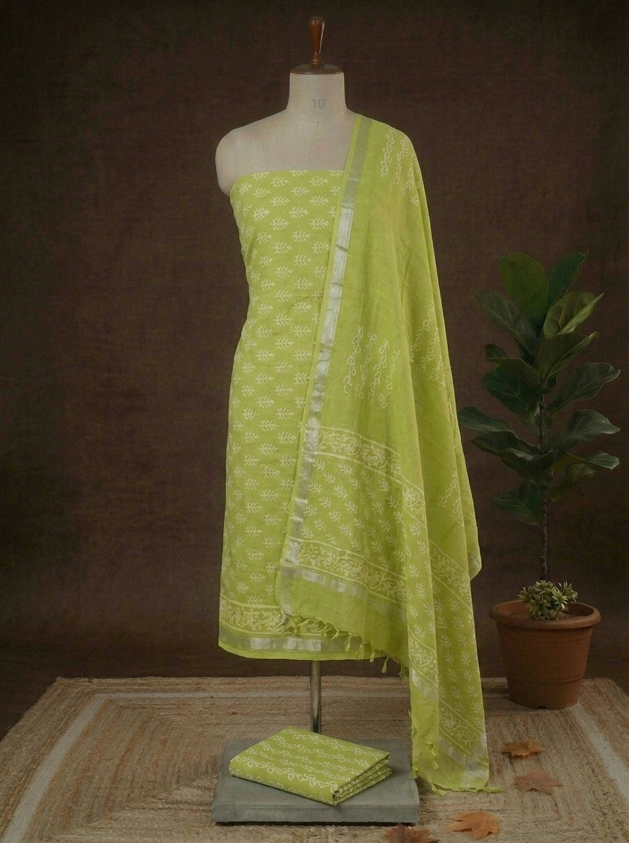 Leaf Green Linen Cotton dress material