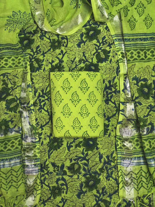 Parrot Green Linen Cotton dress material