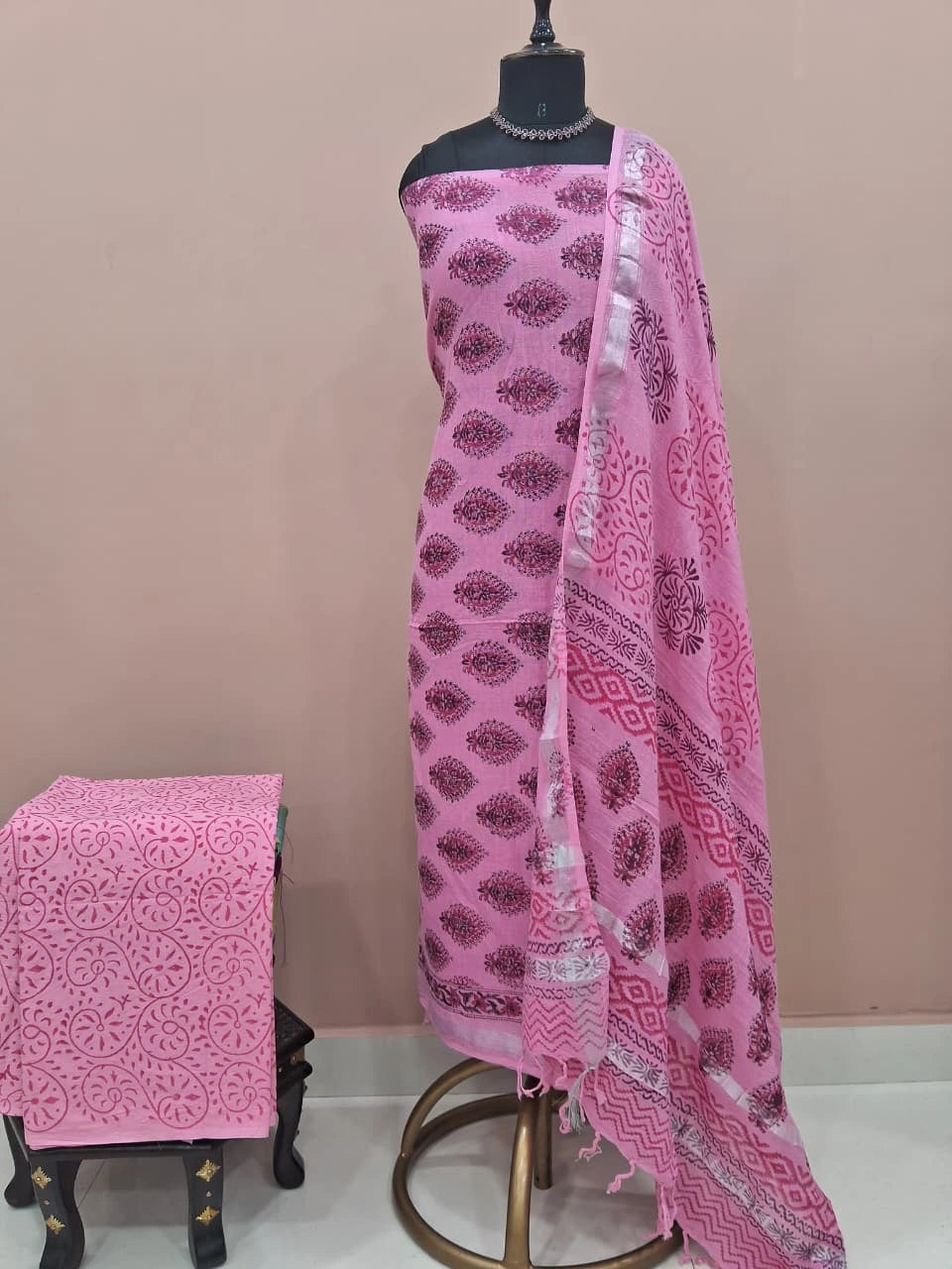 Melon Pink Linen Cotton dress material