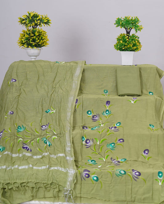 Mehandi Green Linen Cotton dress material