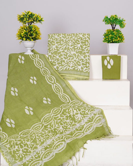 Mehandi Green Linen cotton dress material