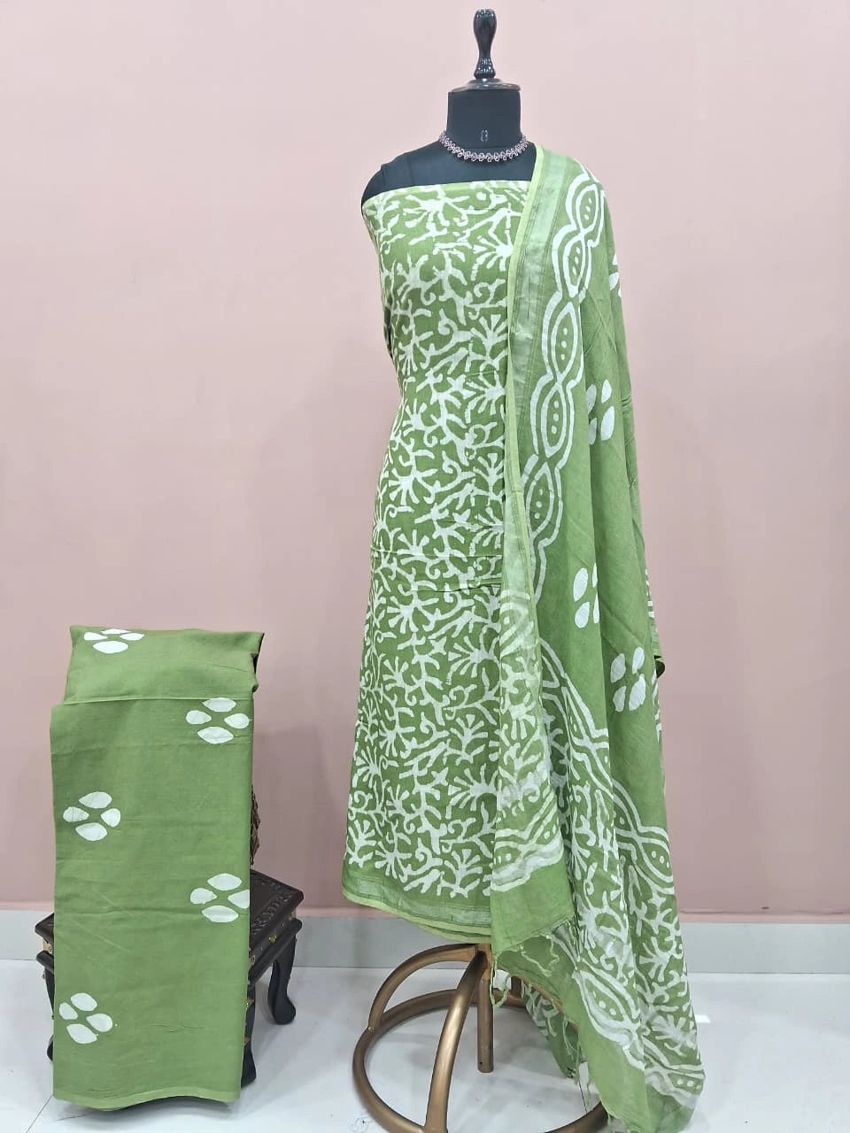 Mehandi Green Linen cotton dress material