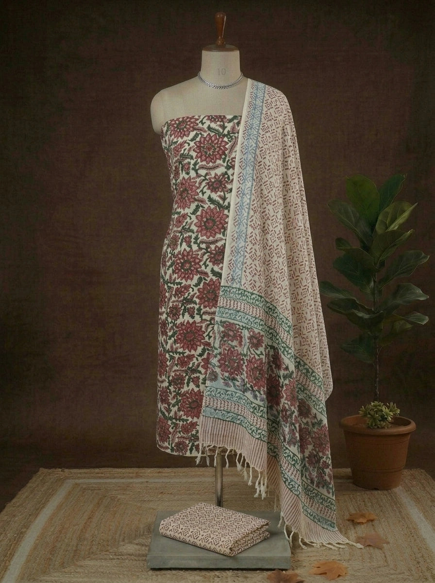 Cream linen Cotton dress material 