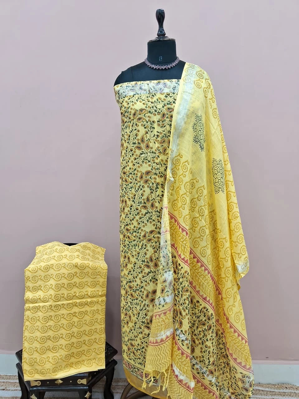 Mango yellow linen Cotton dress material 