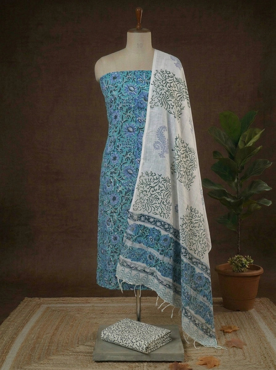 Caribbean blue linen Cotton dress material