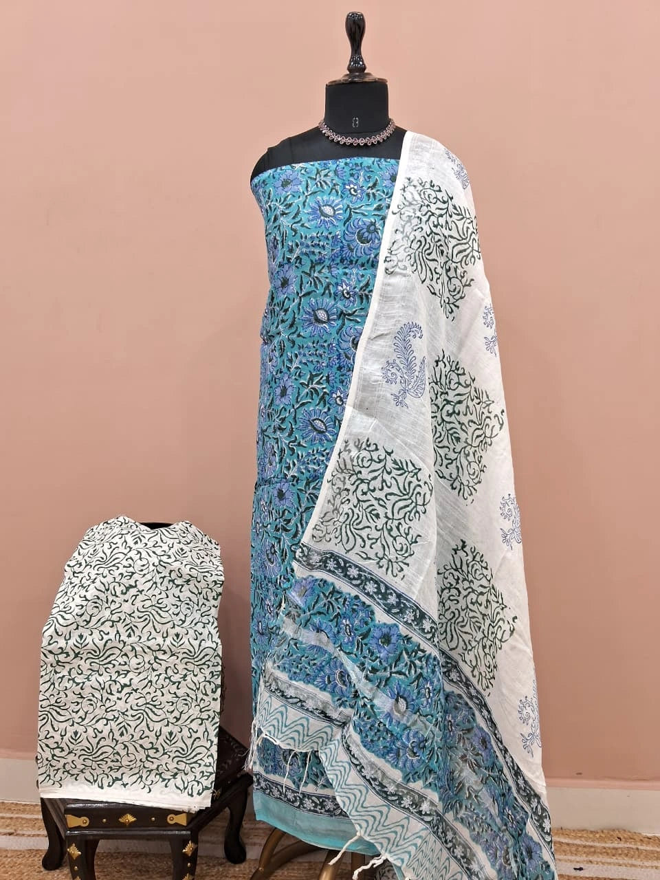 Caribbean blue linen Cotton dress material