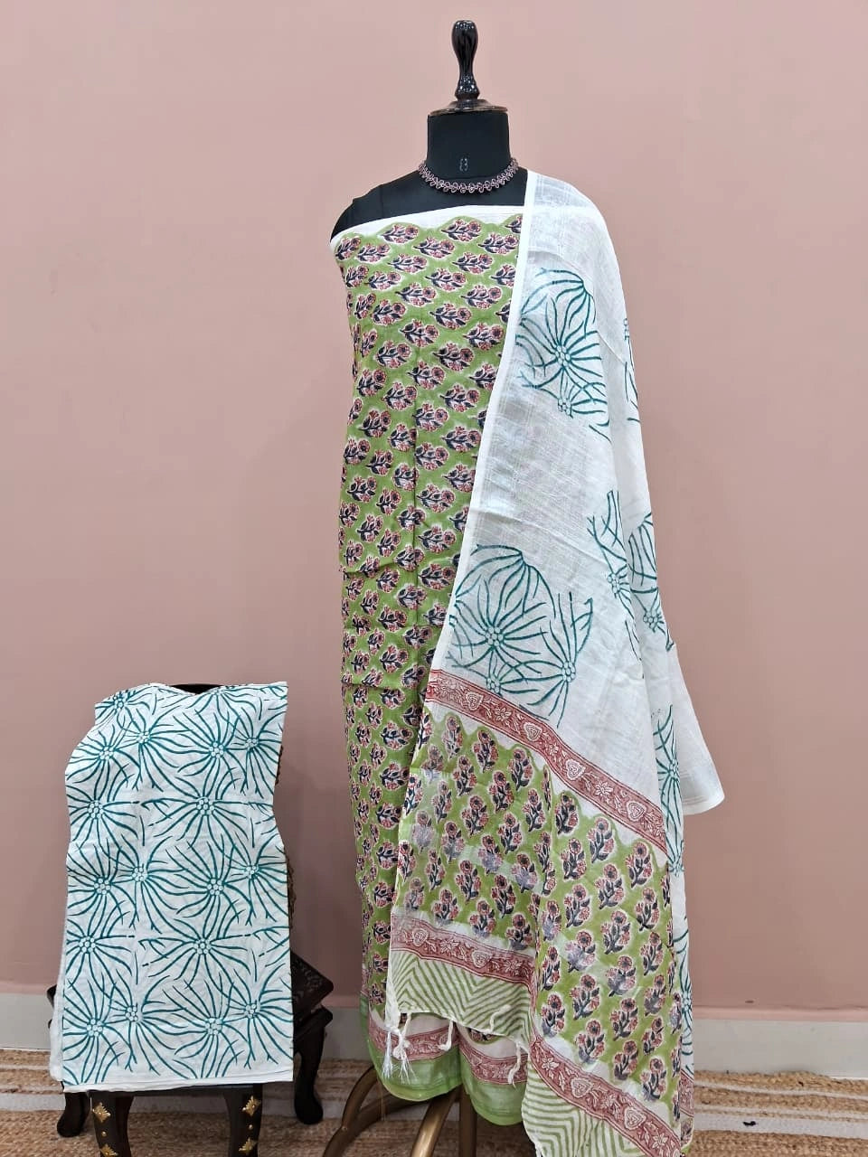 Leaf Green Linen Cotton Dress Material