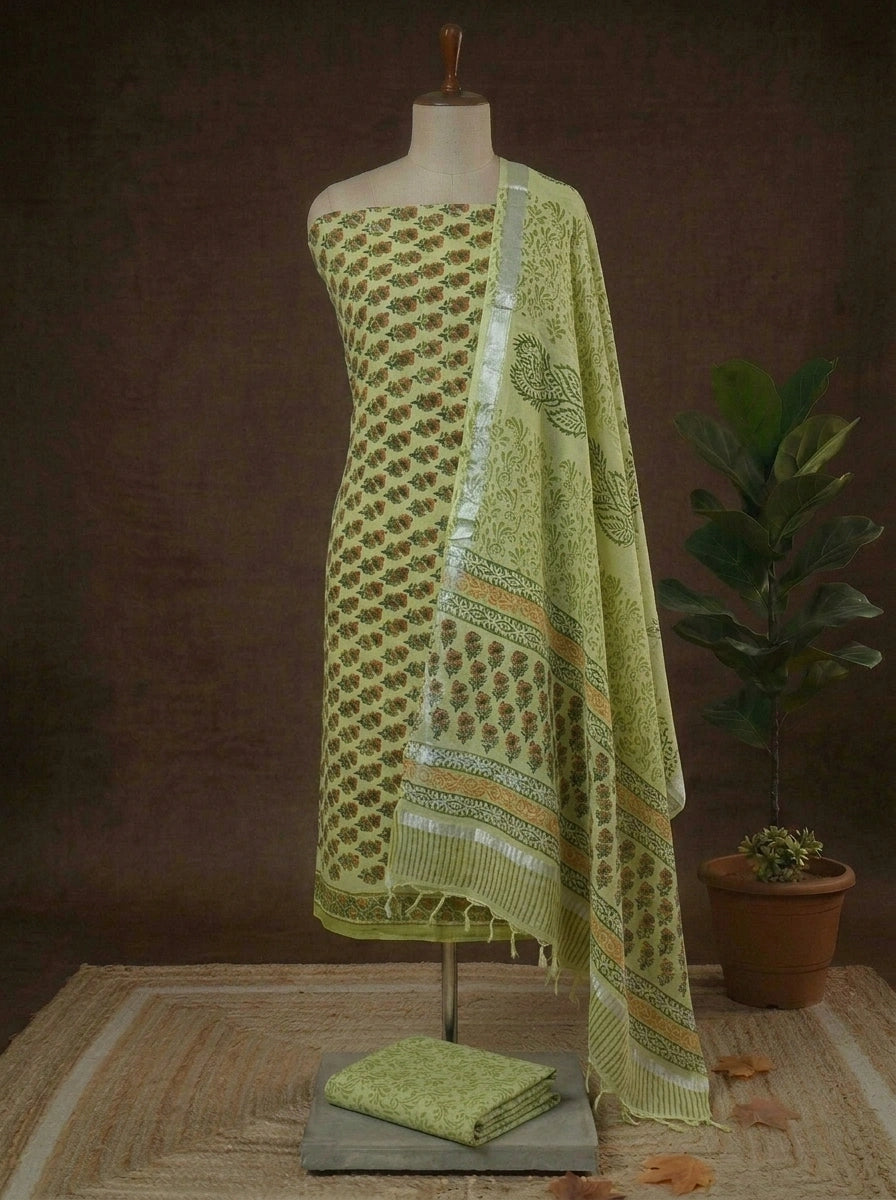 Pista Green Linen Cotton Dress Material 
