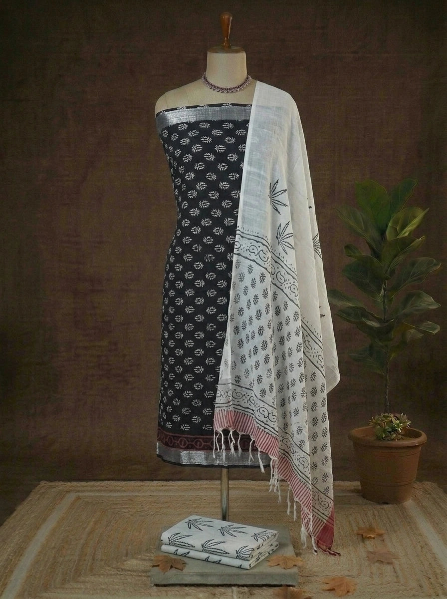 Black Linen Cotton Dress Material 