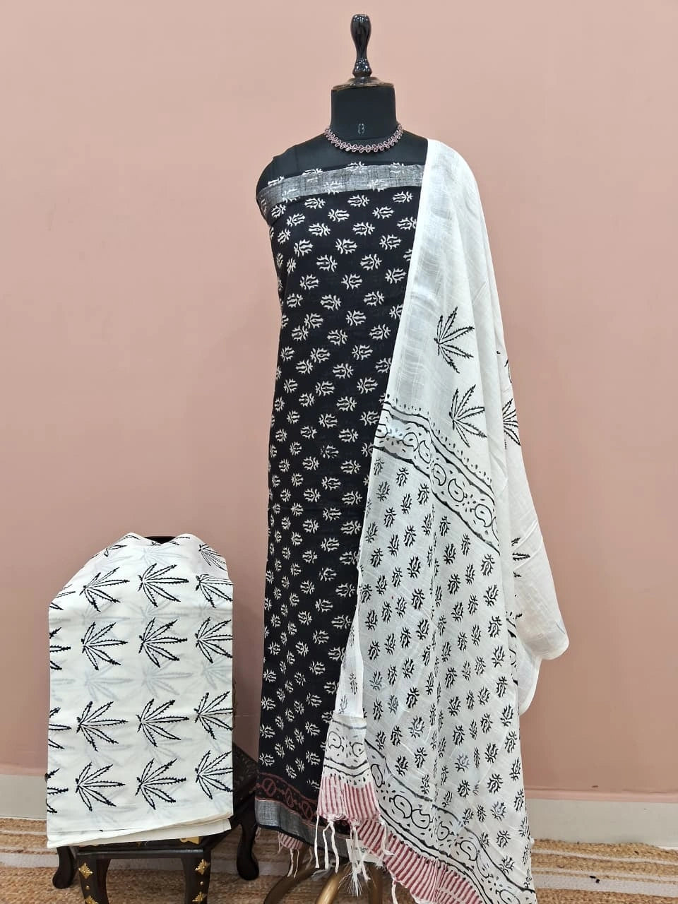 Black Linen Cotton Dress Material 