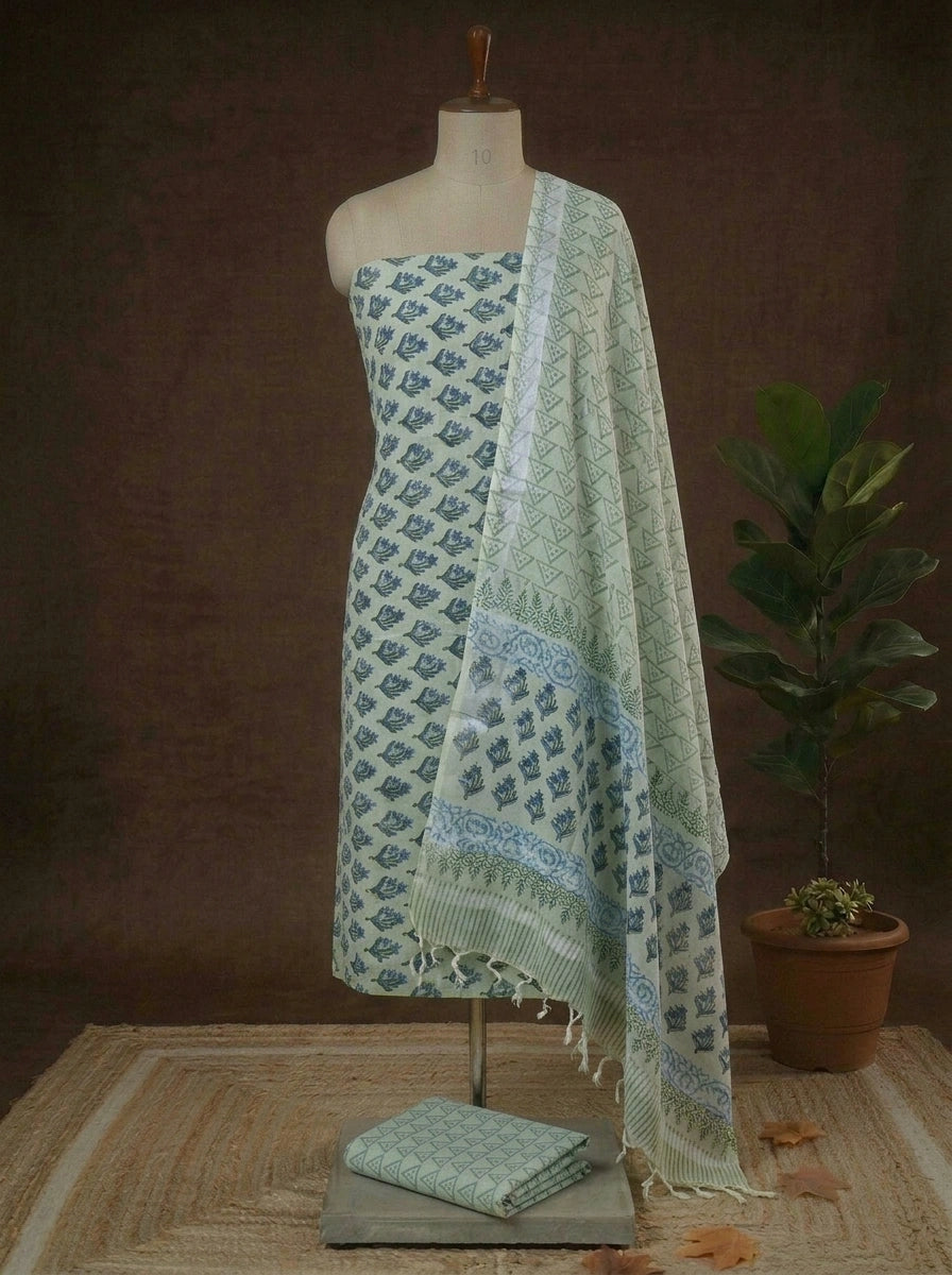 Light Pista Green Linen Cotton Dress Material 