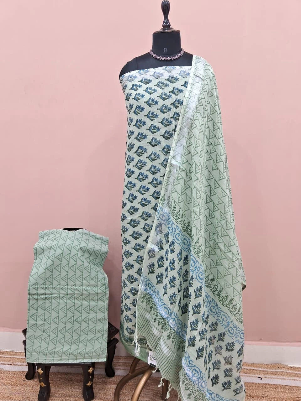 Light Pista Green Linen Cotton Dress Material 