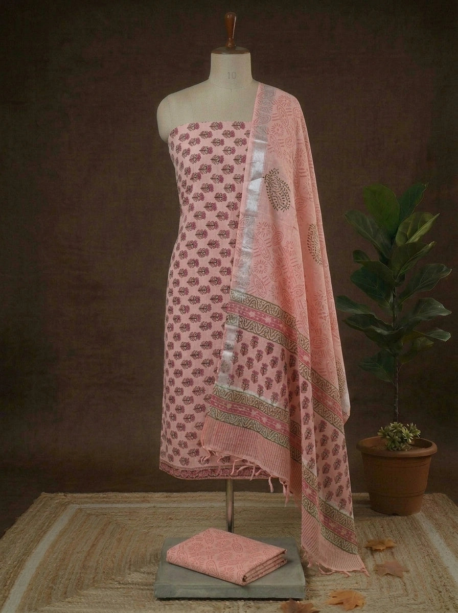 Peach Linen Cotton Dress Material