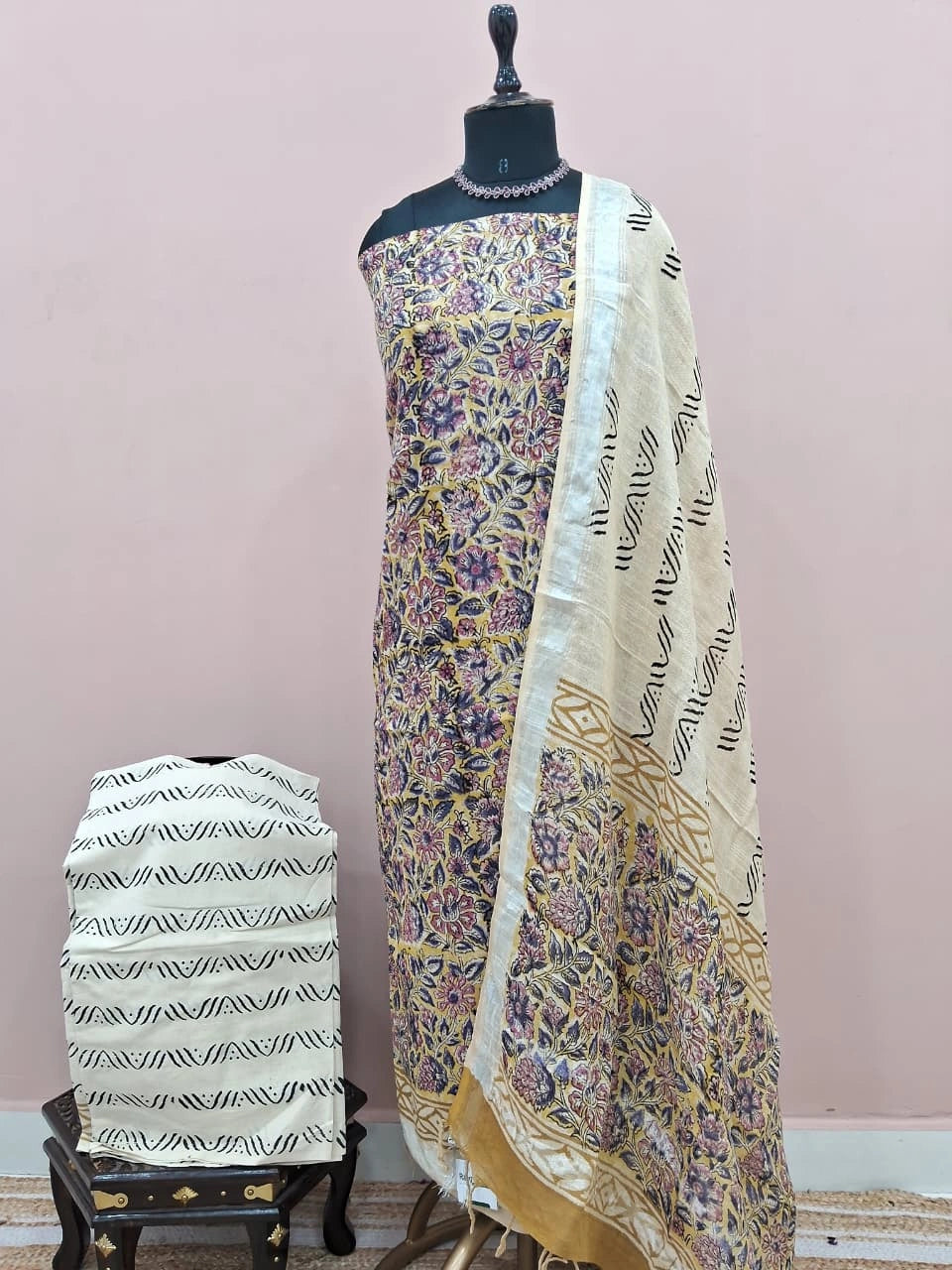 Light Yellow Linen Cotton Dress Material 